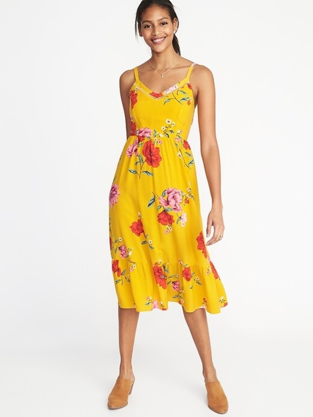 NWT Old Navy Fit & Flare Cami Midi Dress for Women Yellow Floral Size M